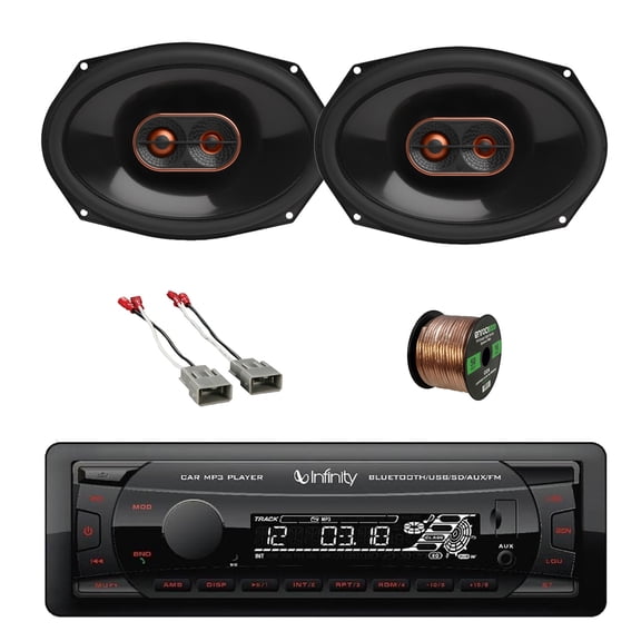 Infinity Alpha 100 Single DIN Bluetooth USB/AUX SD FM Radio MP3 Receiver, 2x 6x9" 300 Watt Peak 3-Way Car Audio Speakers (no Grilles) w/Wire, Speaker Adapter (Honda/Acura 1982-Up)