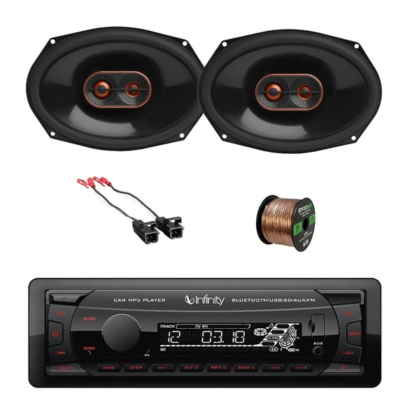 Infinity Alpha 100 Single DIN Bluetooth USB/AUX SD FM Radio MP3 Receiver, 2x 6x9" 300 Watt Peak 3-Way Car Audio Speakers (no Grilles) w/Wire, Speaker Adapter (GM Multi-App 1984-2023)
