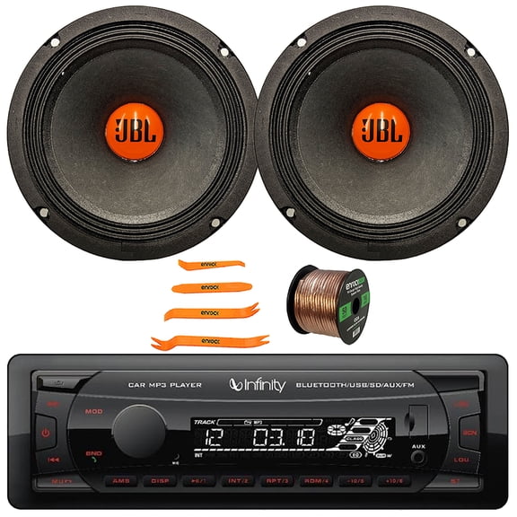 Infinity Alpha 100 Single DIN Bluetooth USB/AUX SD/MP3 Player FM Radio Digital Media Car Audio Receiver, 2x 6.5" 300 Watt Max Power Midrange Woofer Automotive Speakers, Speaker Wire, Pry Tool Set