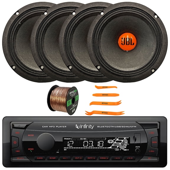 Infinity Alpha 100 Single DIN Bluetooth USB/AUX SD/MP3 Player FM Radio Digital Media Car Audio Receiver, 4x 6.5" 300 Watt Max Power Midrange Woofer Automotive Speakers, Speaker Wire, Pry Tool Set