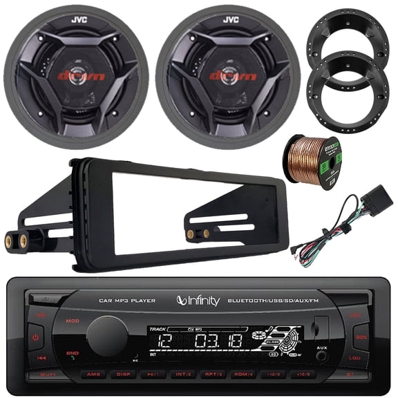 Infinity Alpha 100 Single DIN Bluetooth USB/AUX SD MP3 Player FM Radio Digital Media Receiver w/Install Kit, 2x 6.5" 300W Max 2-Way Speakers w/Adapters, Speaker Wire, Speaker Baffle (Fits 98-13 HD)