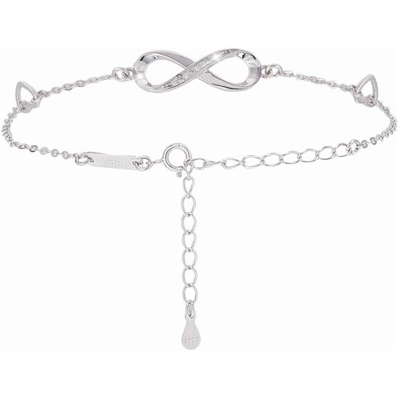 Infinity Ankle Bracelet for Women 925 Sterling Silver 6.5inch Micro Pave Cubic Zirconia Heart Endless Love Symbol Adjustable Plus Size Ankle Bracelet Gifts for Mother Wife for DIY
