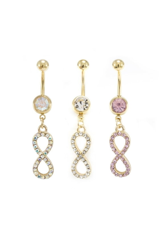 Infinity Belly Ring 14ga Gold I.P. Dangle Style CZ Gems 316L Surgical Steel