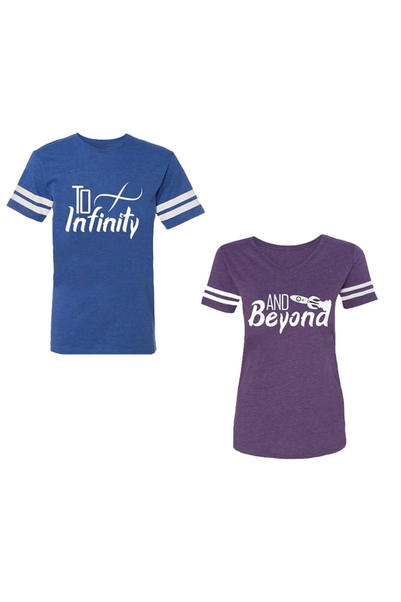 To Infinity & Beyond Unisex Couple Matching Cotton Jersey style T-Shirt Contrasting stripes on sleeves (Men Royal / Women Purple) (Men XXL / Women XXL)