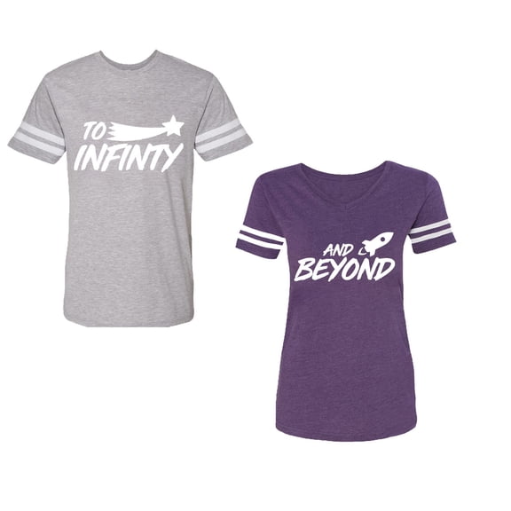 To Infinity and BeyondUnisex Couple Matching Cotton Jersey style T-Shirt Contrasting stripes on sleeves (Men Heather / Women Purple) (Men M / Women XL)