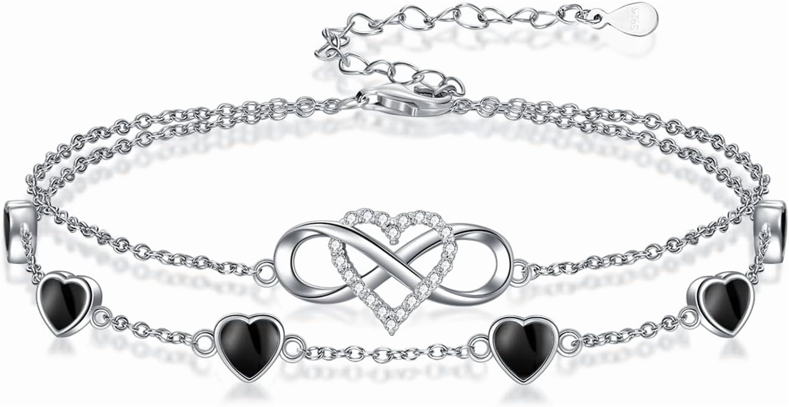 Infinity Black Onyx Bracelet 925 Sterling Silver Double Strand Heart Black Onyx Bracelet Birthday Jewelry Gift for Wife Women Mother,Chain Length 7"+2" Extend