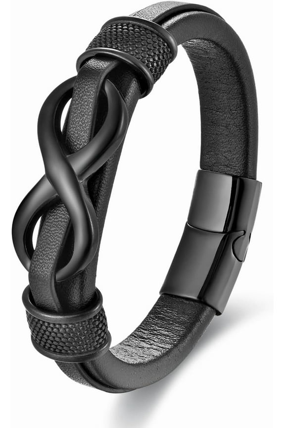 Infinity Bracelet for Man,Stainless Steel Silver/Black Infinity Leather Men's Leather Bracelet Wristband Cuff