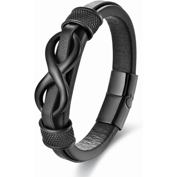 Infinity Bracelet for Man,Stainless Steel Silver/Black Infinity Leather Men's Leather Bracelet Wristband Cuff