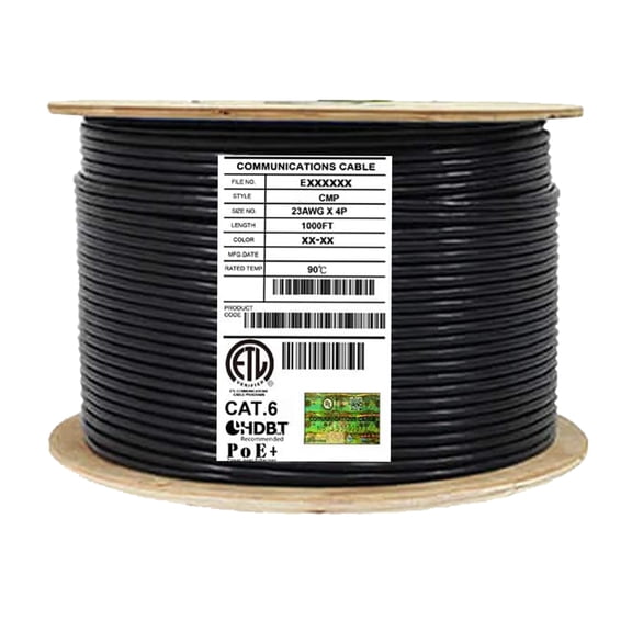 Infinity Cable CAT6 Shielded Solid Plenum FTP 100% Pure Copper, 1000Ft. Bulk Cable Reel, Black