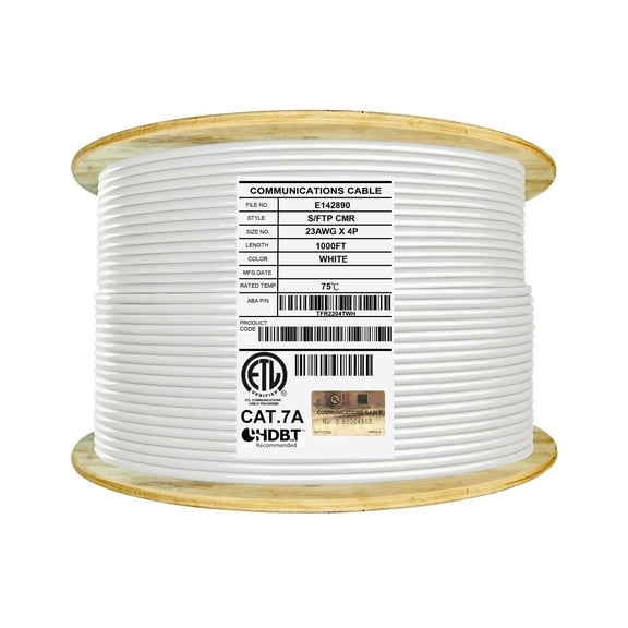 Infinity Cable CAT7A CMR Riser 1000MHz S/FTP 23AWG Solid Bare Copper, Bulk Cable 1000ft, Reel, White
