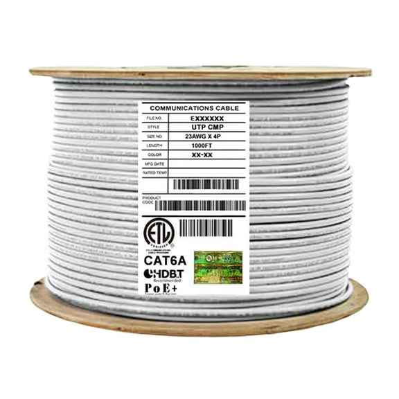 Infinity Cable Plenum CAT6A 650MHz Solid CMP Rated 100% Pure Copper, 1000 Ft. Bulk Cable Reel, White