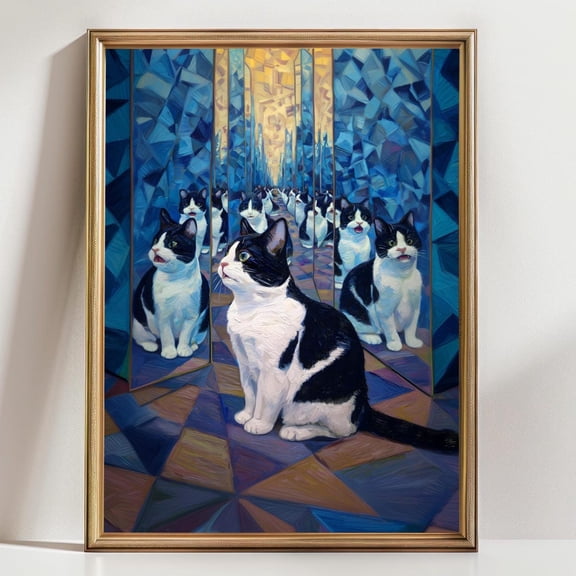 Infinity Cat Wall Art Print Surreal Black And White Cat Whimsical Mirror Reflection Artwork