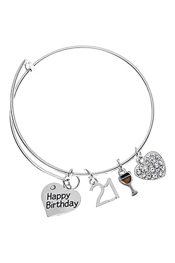 21st Birthday Charm Adjustable Bracelet - Silver Love Heart Happy Birthday 21st Expandable Wine Charm - Birthday Gift for Daughter, Sister, Friend, Teen Girls