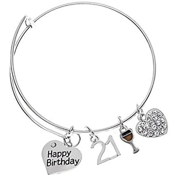 Infinity Collection 21st Birthday Charm Adjustable Bracelet - Silver Love Heart Happy Birthday 21st Expandable Wine Charm - Birthday Gift for Daughter, Sister, Friend, Teen Girls