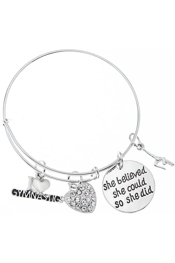 Gymnastics Charm Bangle Bracelet - Silver Plated She Believed She Could So She Did Gymnastic Jewelry