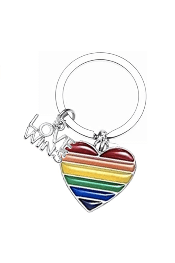 Love Wins Keychain, Gay Pride Awareness Rainbow Striped Heart Charm