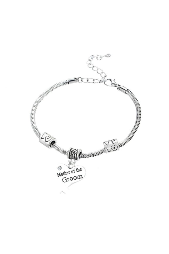 Mother of the Groom Bracelet Jewelry | Silver Plated Snake Chain Bracelet | Heart Charm Pendant Engraved with Mother of the Groom | Best Gift for Mother of the Groom