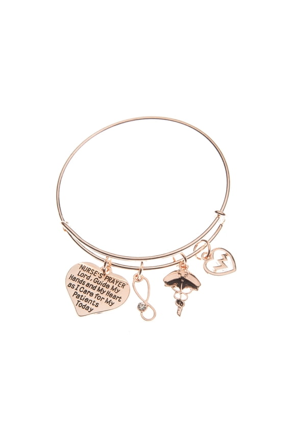 Nurse Prayer Charm Bangle Bracelet, Rose Gold Nurse Bangle Makes Perfect Nursing Appreciation Gift for Women