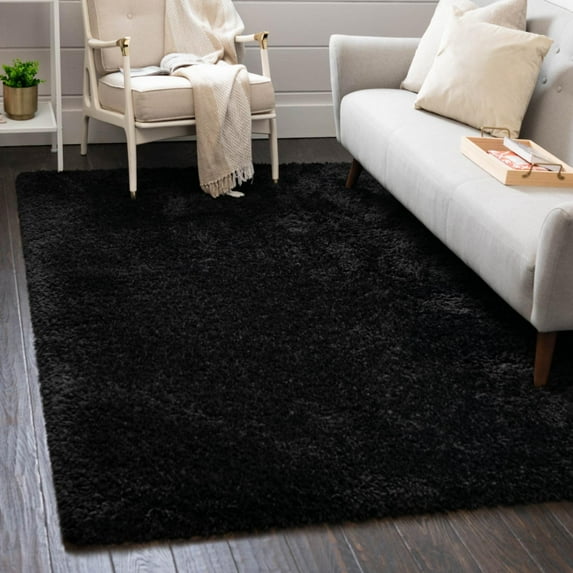 Infinity Collection Solid Shag Area Rug by Rugs.com – Black 3' 3" x 5' 3" High-Pile Plush Shag Rug Perfect for Entryways, Bedrooms, Living Rooms and More