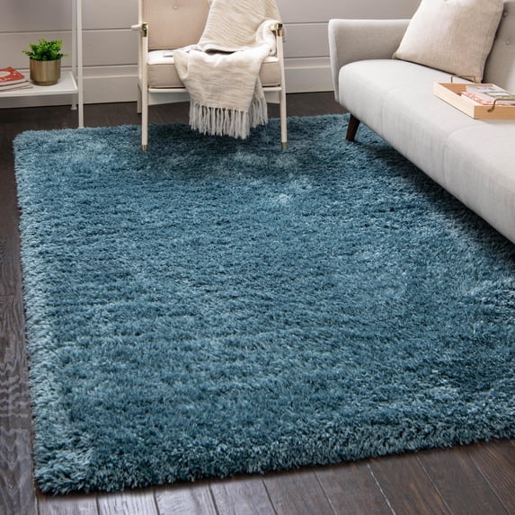 Infinity Collection Solid Shag Area Rug by Rugs.com – Blue 3' 3" x 5' 3" High-Pile Plush Shag Rug Perfect for Entryways, Bedrooms, Living Rooms and More