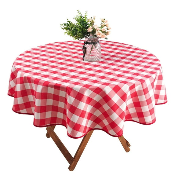 Infinity Collection Spill Proof Fabric Buffalo Check Plaid Tablecloth Matching Border Stain Resistant Wrinkle Resistant for Dining Room Kitchen Restaurant Indoor Picnic (Red and White,70" Round)