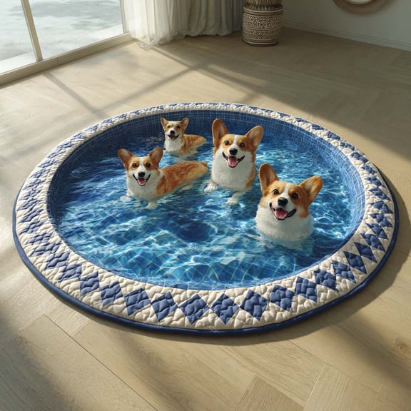 Infinity Corgi Quilted Round Mat, 3D Optical Illusion Dog Rug, Corgi Floor Mat, Dog Lover Gift, Indoor Outdoor Area Rug