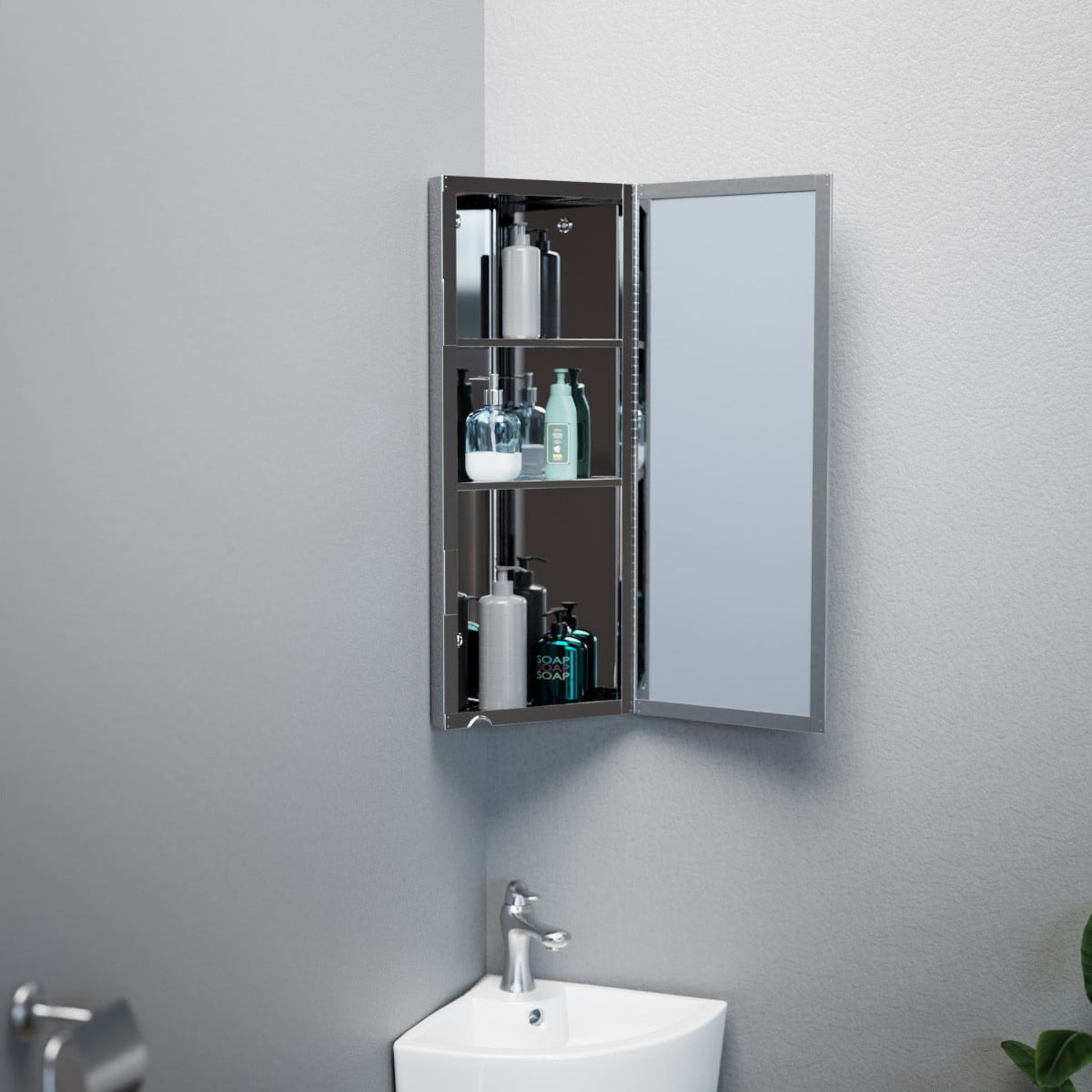 Stainless Steel Silver Corner Mount Medicine Cabinet with 3 Storage Sh –  MyGift