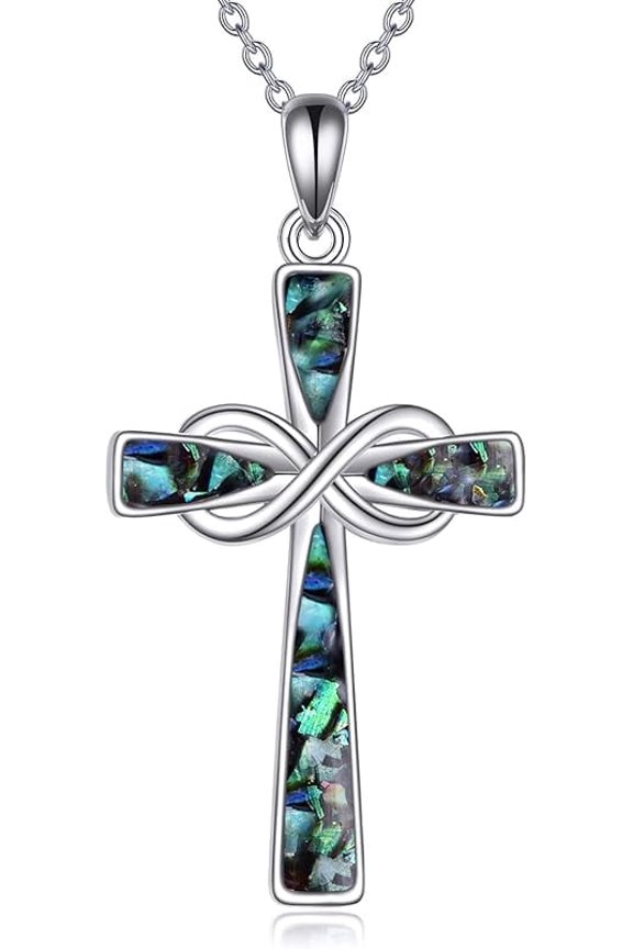 Infinity Cross Necklace S925 Sterling Silver Turquoise/Wooden/Opal/Abalone Cross Pendant Necklaces Christian Jewelry Gifts For Women