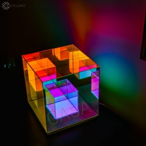 Infinity Cube - Infinite Modern Lighting. Multicolor Acrylic Iridescent Lamp, Reflective Finish.