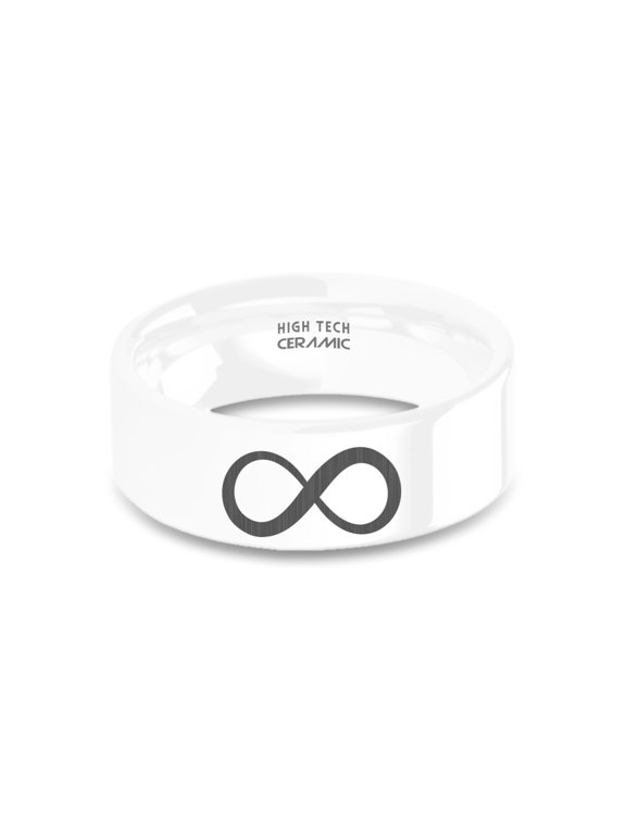 Infinity Forever Symbol Laser Engraved White Ceramic Wedding Band, 8mm, Size 14.5