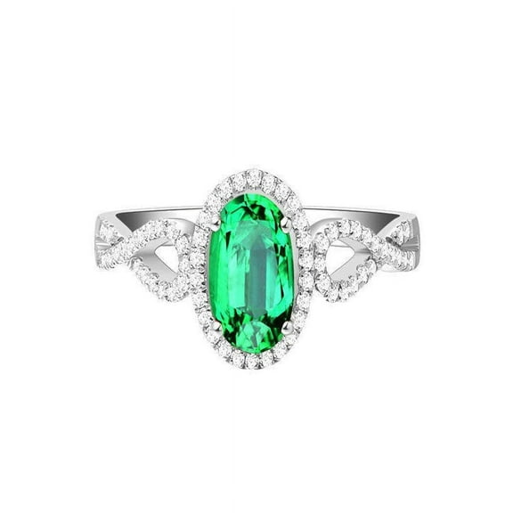 Infinity Halo 1.50 Carat Emerald and Diamond Engagement Ring in 14k White Gold affordable emerald and diamond engagement ring