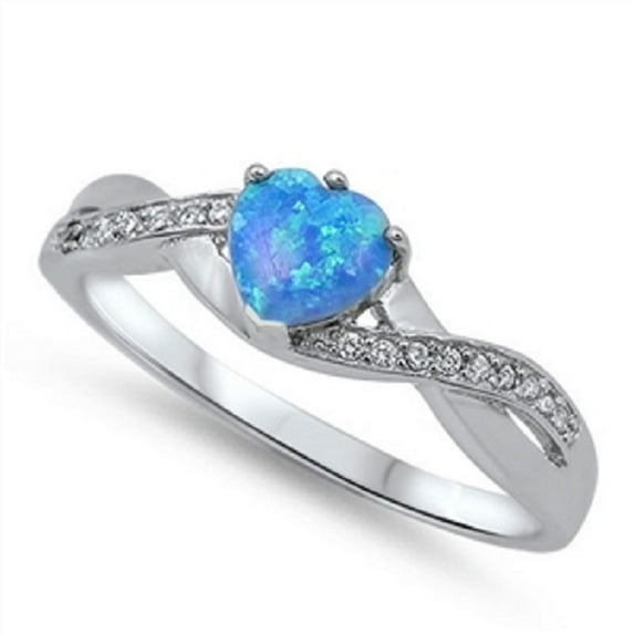 Infinity Heart Blue Simulated Opal and Cubic Zirconia Ring Sterling Silver Size 10