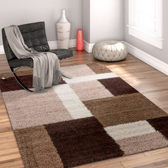 Well Woven Madison Shag Cubes Beige Brown Thick Shag 5' x 7'2" Area Rug