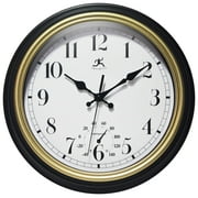 Infinity Instruments Classic Trim Plastic 12" Indoor/Outdoor Wall Clock with Built-In Thermometer, Silent Movement, Black and Gold