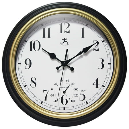 Infinity Instruments Classic Trim Plastic 12" Indoor/Outdoor Wall Clock with Built-In Thermometer, Silent Movement, Black and Gold