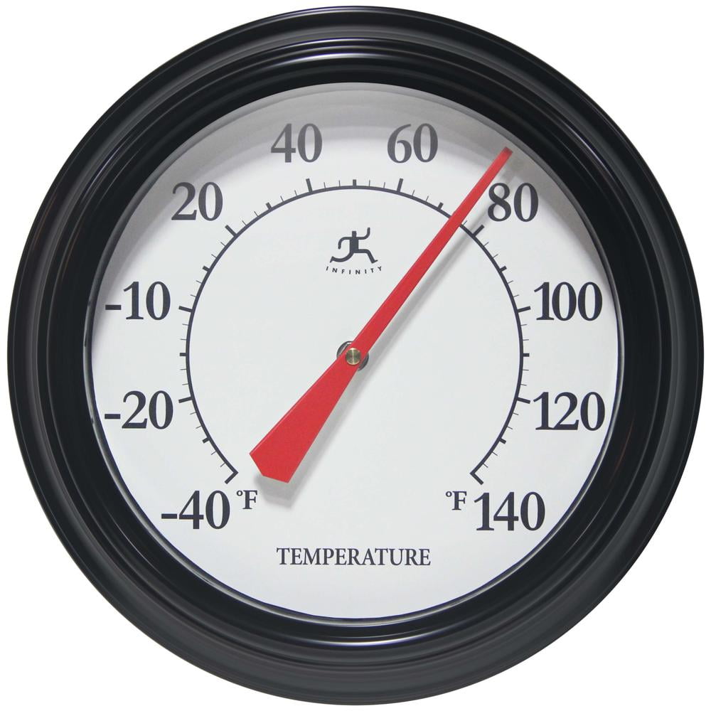 Infinity Instruments 12 inch Traditional Classic Basic No Battery Required Built-in Hygrometer Indoor/Outdoor Thermometer for Patio, Porch, Living Room Essential Durable Wall Thermometer, Black