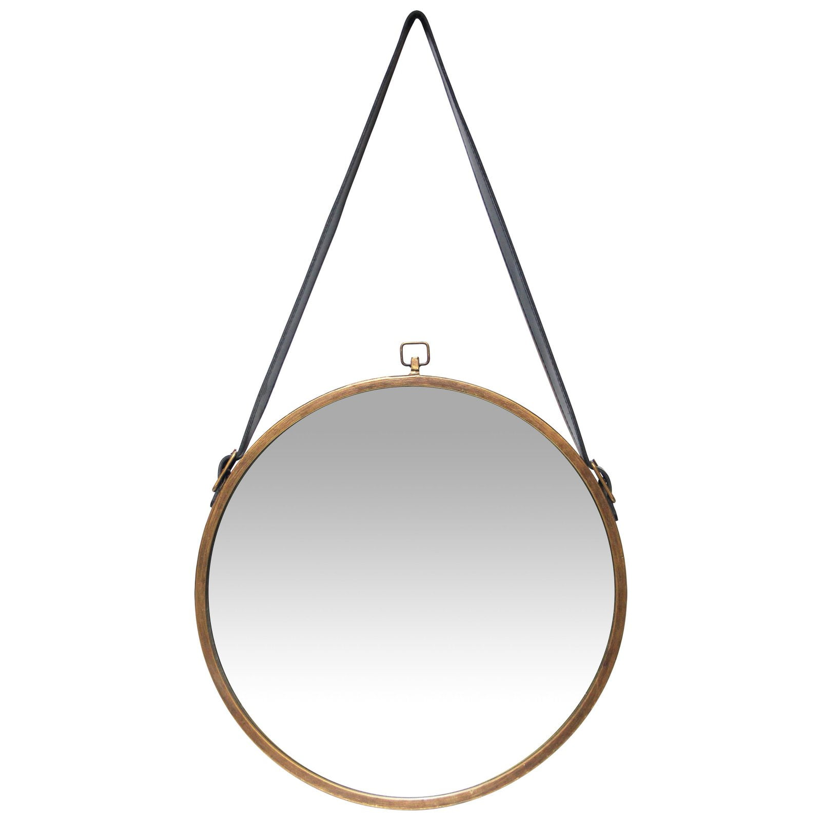 Round Brass Metal Frame Mirror with Leather Strap