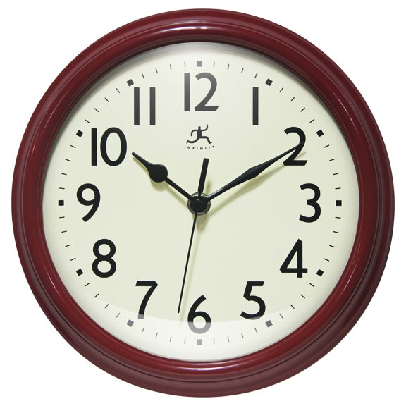 Infinity Instruments Nostalgic Plastic 9.5" Business/Office Indoor Wall Clock with Silent Movement, Red
