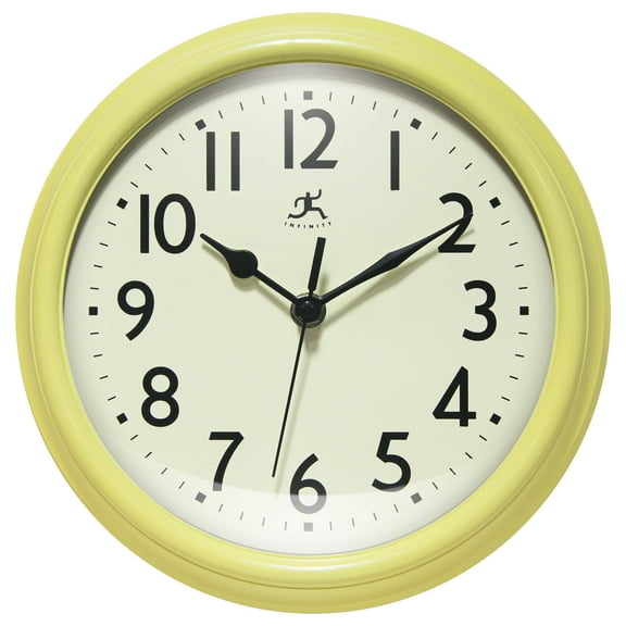 Infinity Instruments Nostalgic Plastic 9.5" Business/Office Indoor Wall Clock with Silent Movement, Yellow