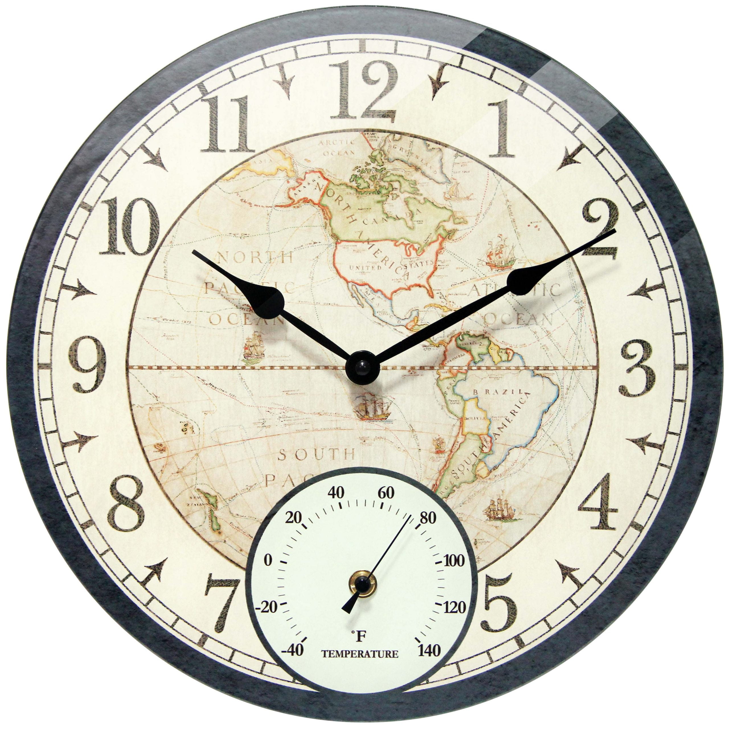 Black Vintage-Style World Map 14" Indoor/Outdoor Wall Clock