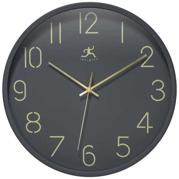 Infinity Instruments Stencil Plastic 14" Indoor Wall Clock with Arabic Numbers on Clocks Face, Silent Movement, Dark Grey