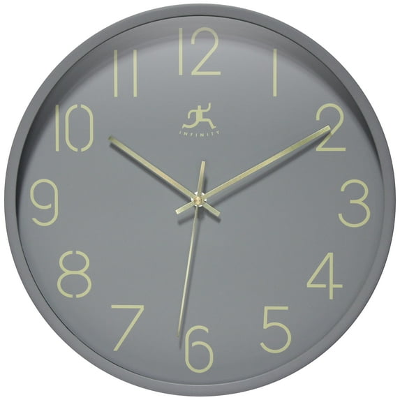 Infinity Instruments Stencil Plastic 14" Indoor Wall Clock with Arabic Numbers on Clocks Face, Silent Movement, Light Grey