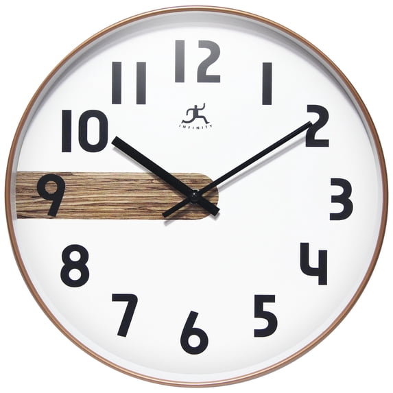 Infinity Instruments Stripe Plastic 12" Indoor Wall Clock with Woodgrain Stripe on Clock Face, Silent Movement, Woodgrain