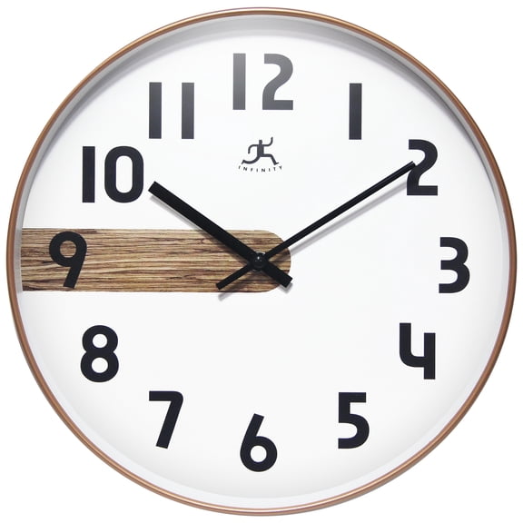 Infinity Instruments Stripe Plastic 12" Indoor Wall Clock with Woodgrain Stripe on Clock Face, Silent Movement, Woodgrain
