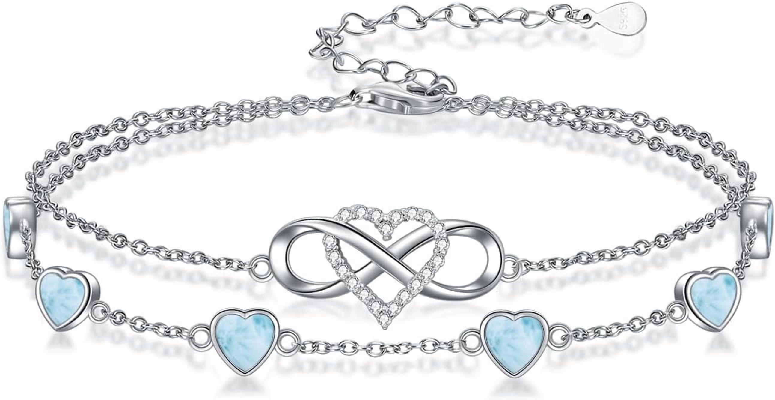 Infinity Larimar Anklet 925 Sterling Silver Double Strand Heart Larimar Anklet Birthday Jewelry Gift for Wife Women Mother,Chain Length 9"+2" Extend
