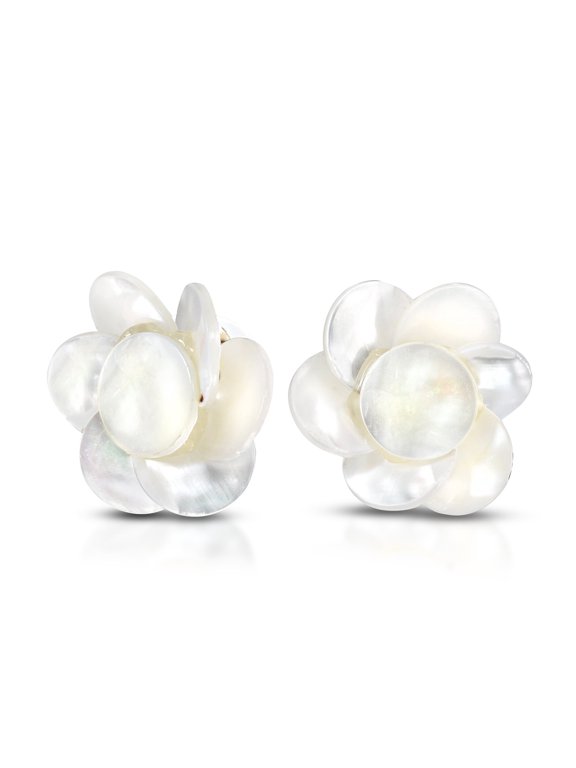 Infinity Layered White Roses Troca Shells Floral Stud Earrings