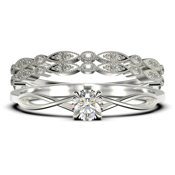 Infinity Loop 1.50 Carat Round Cut Diamond Moissanite Engagement Ring, Twisted Wedding Band in 925 Sterling Silver With 18k White Gold Plating, Trio Set, Matching Band, Anniversary