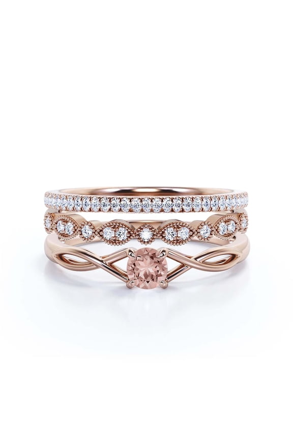 Infinity Loop 1.50 Carat Round Cut Morganite Engagement Ring, Twisted Wedding Band in 925 Sterling Silver With 18k Rose Gold Plating, Trio Set, Matching Band, Anniversary