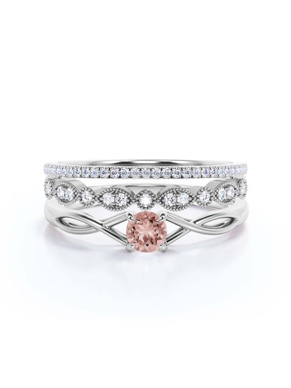Infinity Loop 1.50 Carat Round Cut Morganite Engagement Ring, Twisted Wedding Band in 925 Sterling Silver With 18k White Gold Plating, Trio Set, Matching Band, Anniversary