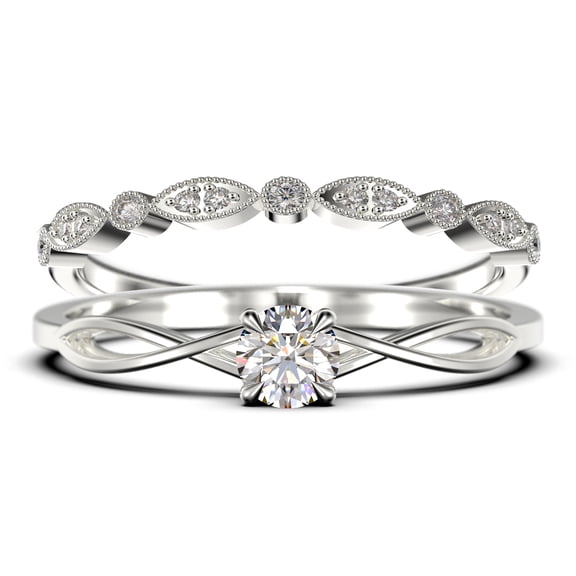 Minimalist 1.00 Carat Round Cut Moissanite & Diamond Bridal Set in 10k White Gold
